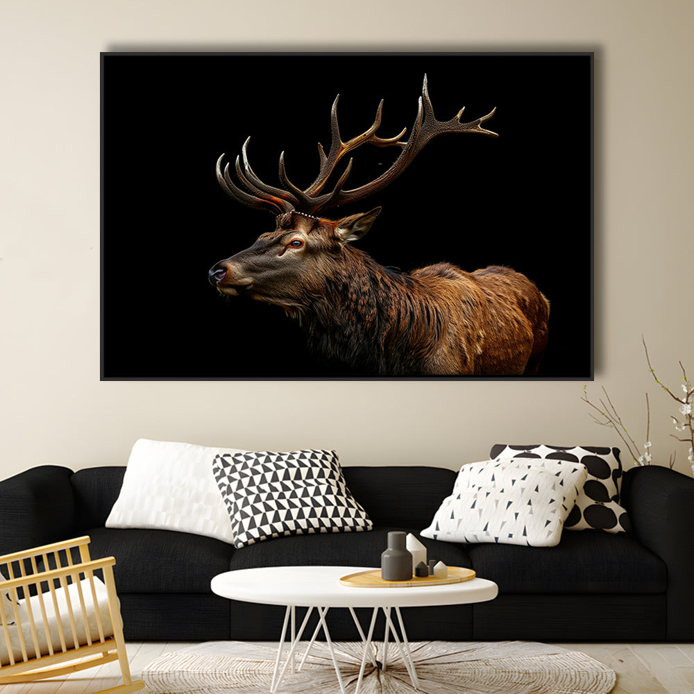 Portrait Elk With Antlers Black Background, Hunting Art Decor V3, Floating Framed Canvas Print Wall Art