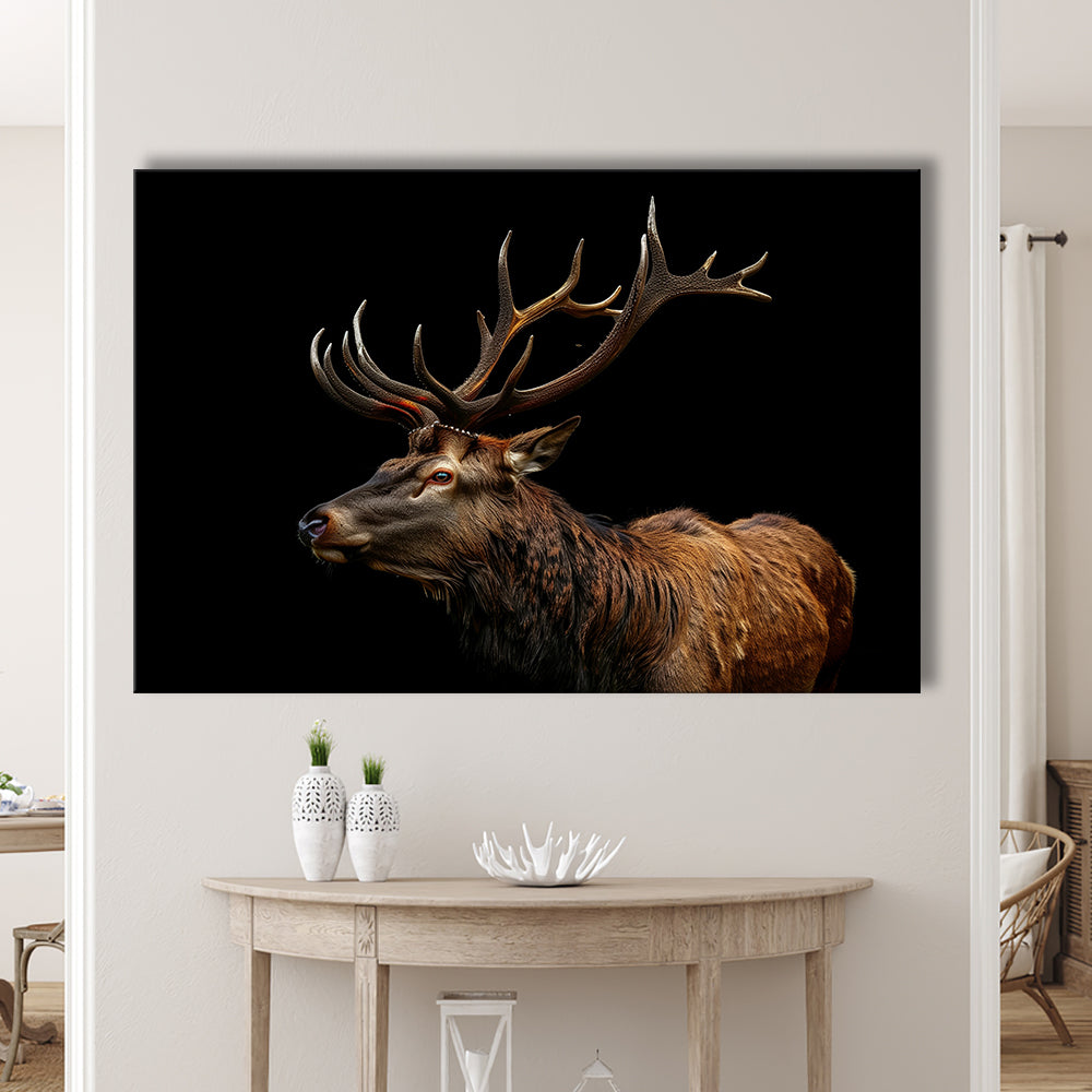 Portrait Elk With Antlers Black Background, Hunting Art Decor V3, Canvas Print Wall Art Home Decor