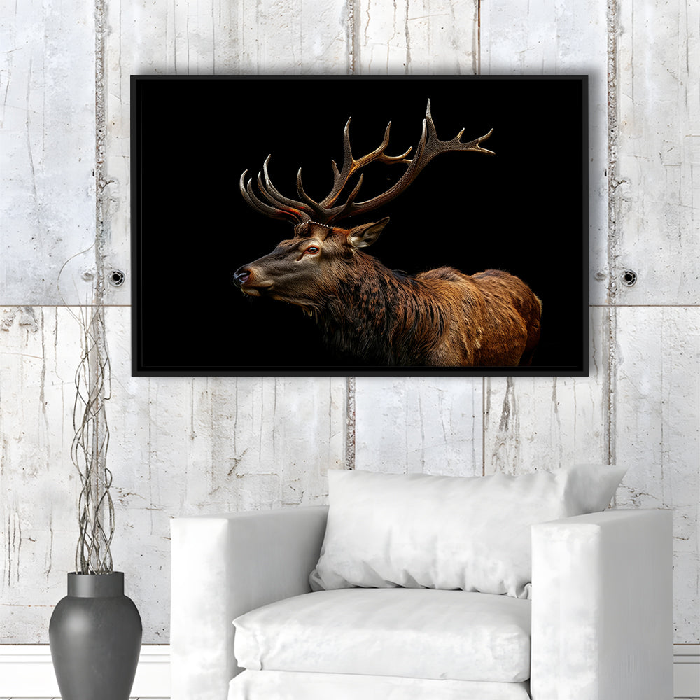 Portrait Elk With Antlers Black Background, Hunting Art Decor V3, Floating Framed Canvas Print Wall Art