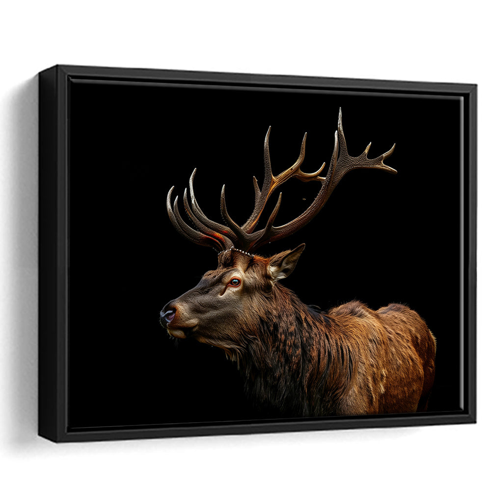 Portrait Elk With Antlers Black Background, Hunting Art Decor V3, Floating Framed Canvas Print Wall Art
