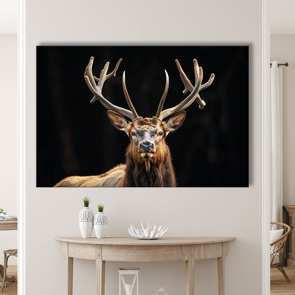 Portrait Elk With Antlers Black Background, Hunting Art Decor V4, Canvas Print Wall Art Home Decor