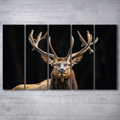 Portrait Elk With Antlers Black Background, Hunting Art V4, Multi Panels Canvas Print Wall Art