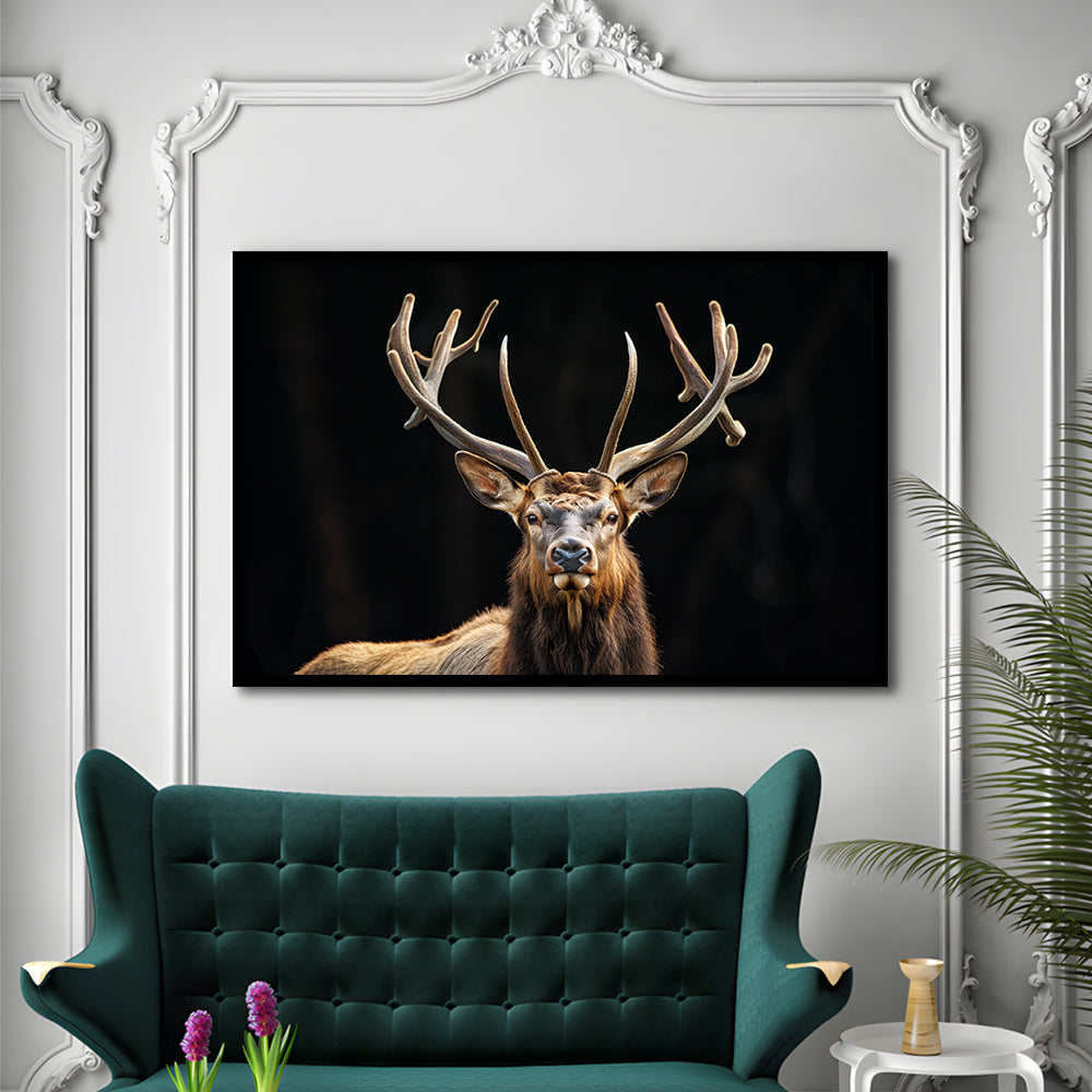 Portrait Elk With Antlers Black Background, Hunting Art Decor V4, Framed Art Print Wall Decor, Framed Picture