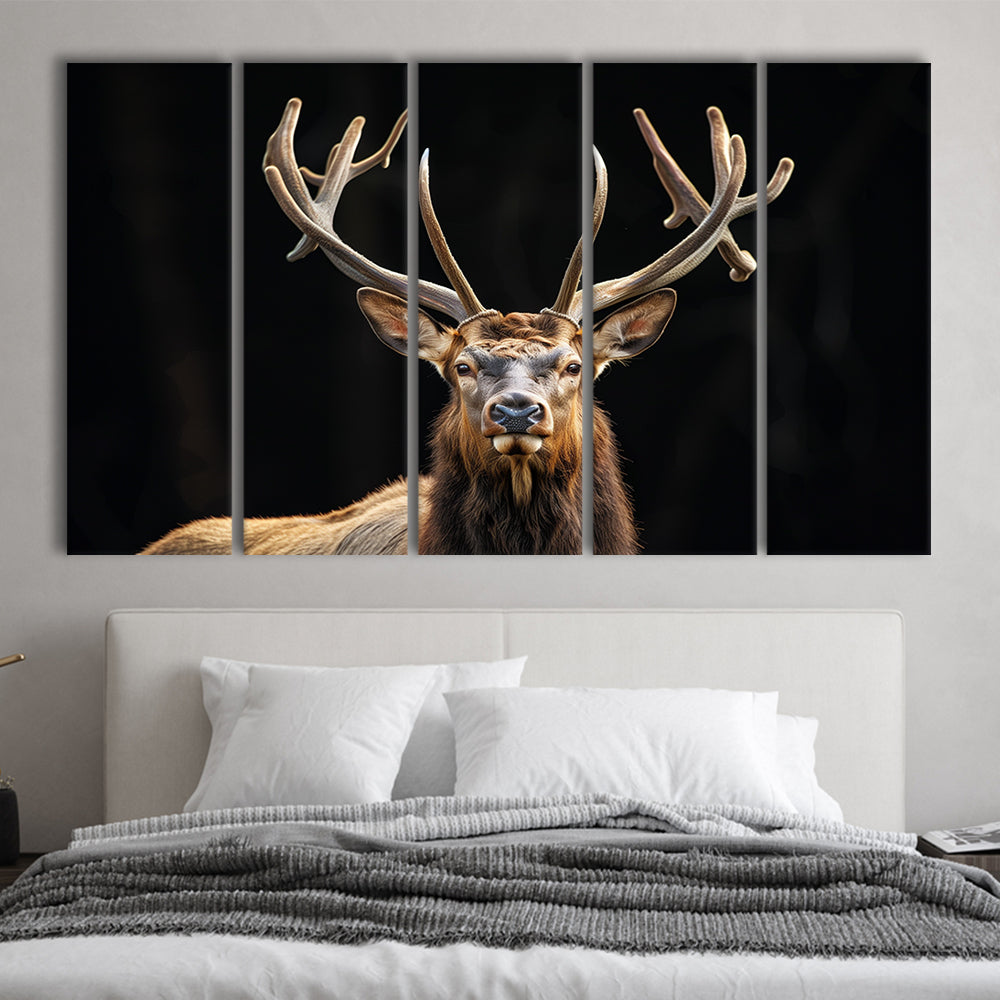 Portrait Elk With Antlers Black Background, Hunting Art V4, Multi Panels Canvas Print Wall Art