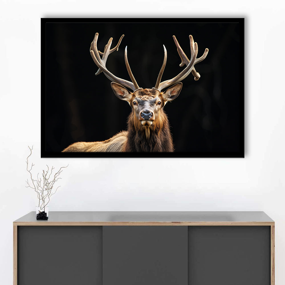 Portrait Elk With Antlers Black Background, Hunting Art Decor V4, Framed Art Print Wall Decor, Framed Picture