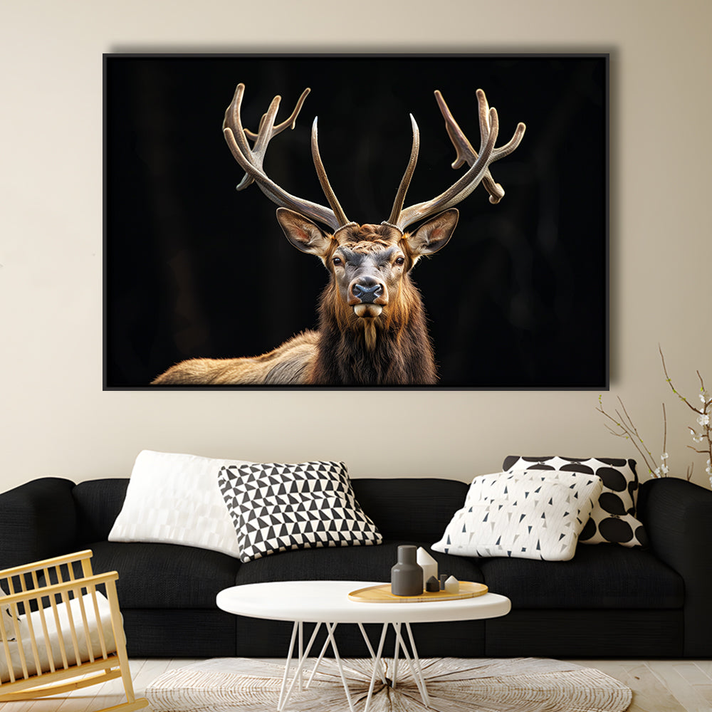Portrait Elk With Antlers Black Background, Hunting Art Decor V4, Floating Framed Canvas Print Wall Art