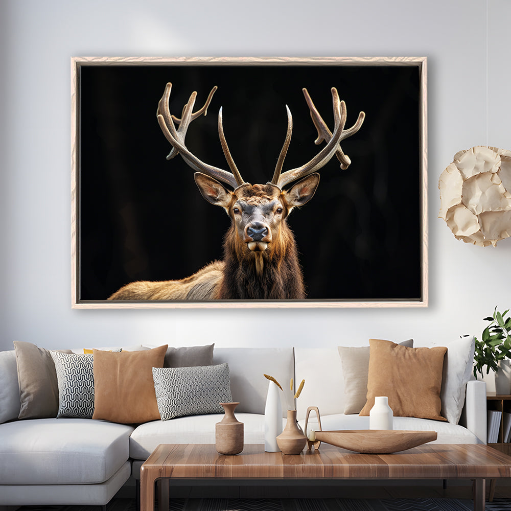 Portrait Elk With Antlers Black Background, Hunting Art Decor V4, Floating Framed Canvas Print Wall Art