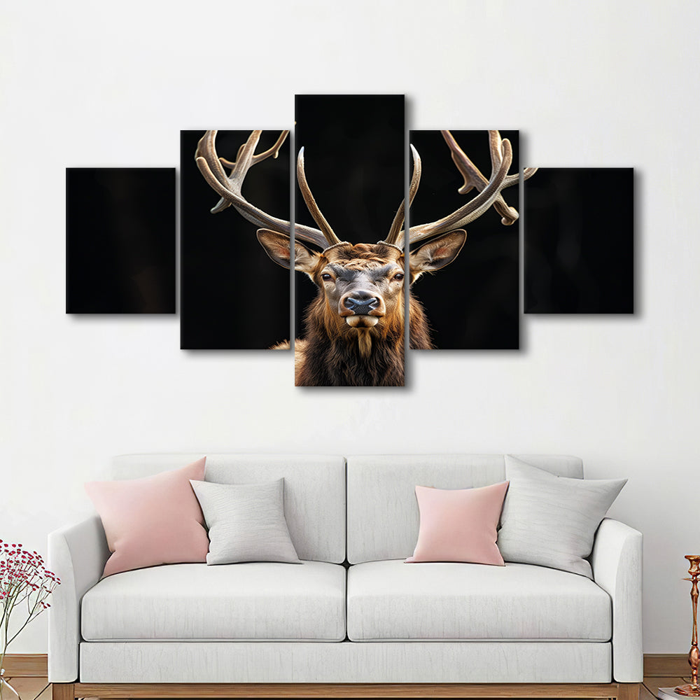 Portrait Elk With Antlers Black Background, Hunting Art Decor V4, Mixed Panels Canvas Print Wall Art