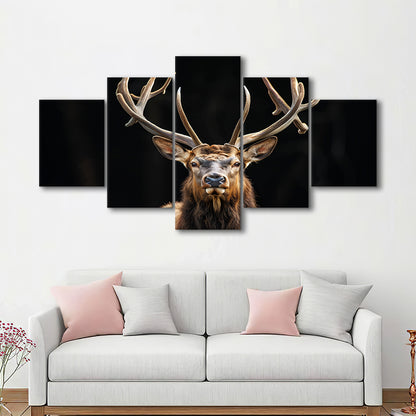 Portrait Elk With Antlers Black Background, Hunting Art Decor V4, Mixed Panels Canvas Print Wall Art