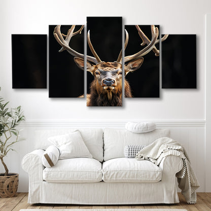 Portrait Elk With Antlers Black Background, Hunting Art Decor V4, Mixed Panels Canvas Print Wall Art