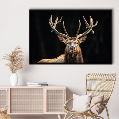 Portrait Elk With Antlers Black Background, Hunting Art Decor V4, Floating Framed Canvas Print Wall Art