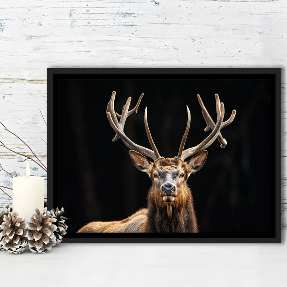 Portrait Elk With Antlers Black Background, Hunting Art Decor V4, Floating Framed Canvas Print Wall Art