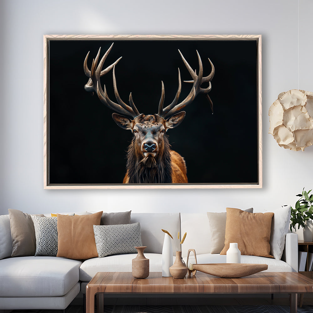 Portrait Elk With Antlers Black Background, Hunting Art Decor V5, Floating Framed Canvas Print Wall Art