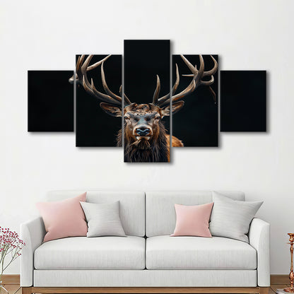 Portrait Elk With Antlers Black Background, Hunting Art Decor V5, Mixed Panels Canvas Print Wall Art