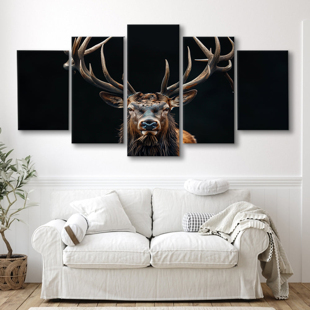 Portrait Elk With Antlers Black Background, Hunting Art Decor V5, Mixed Panels Canvas Print Wall Art