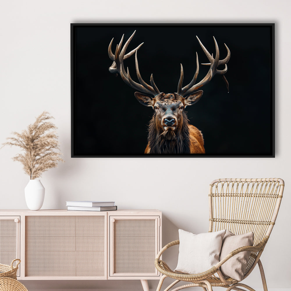 Portrait Elk With Antlers Black Background, Hunting Art Decor V5, Floating Framed Canvas Print Wall Art