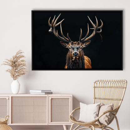 Portrait Elk With Antlers Black Background, Hunting Art Decor V5, Floating Framed Canvas Print Wall Art