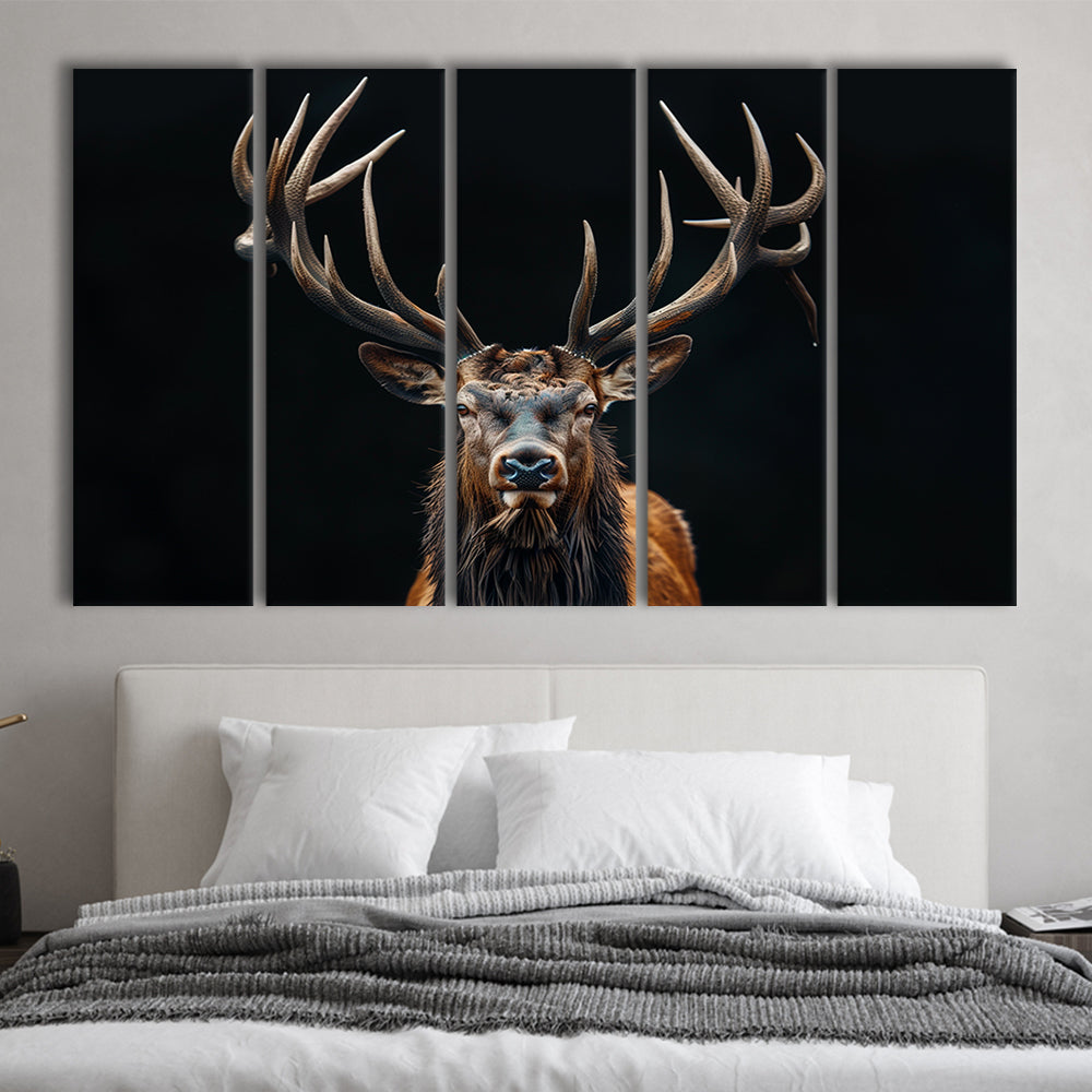 Portrait Elk With Antlers Black Background, Hunting Art V5, Multi Panels Canvas Print Wall Art