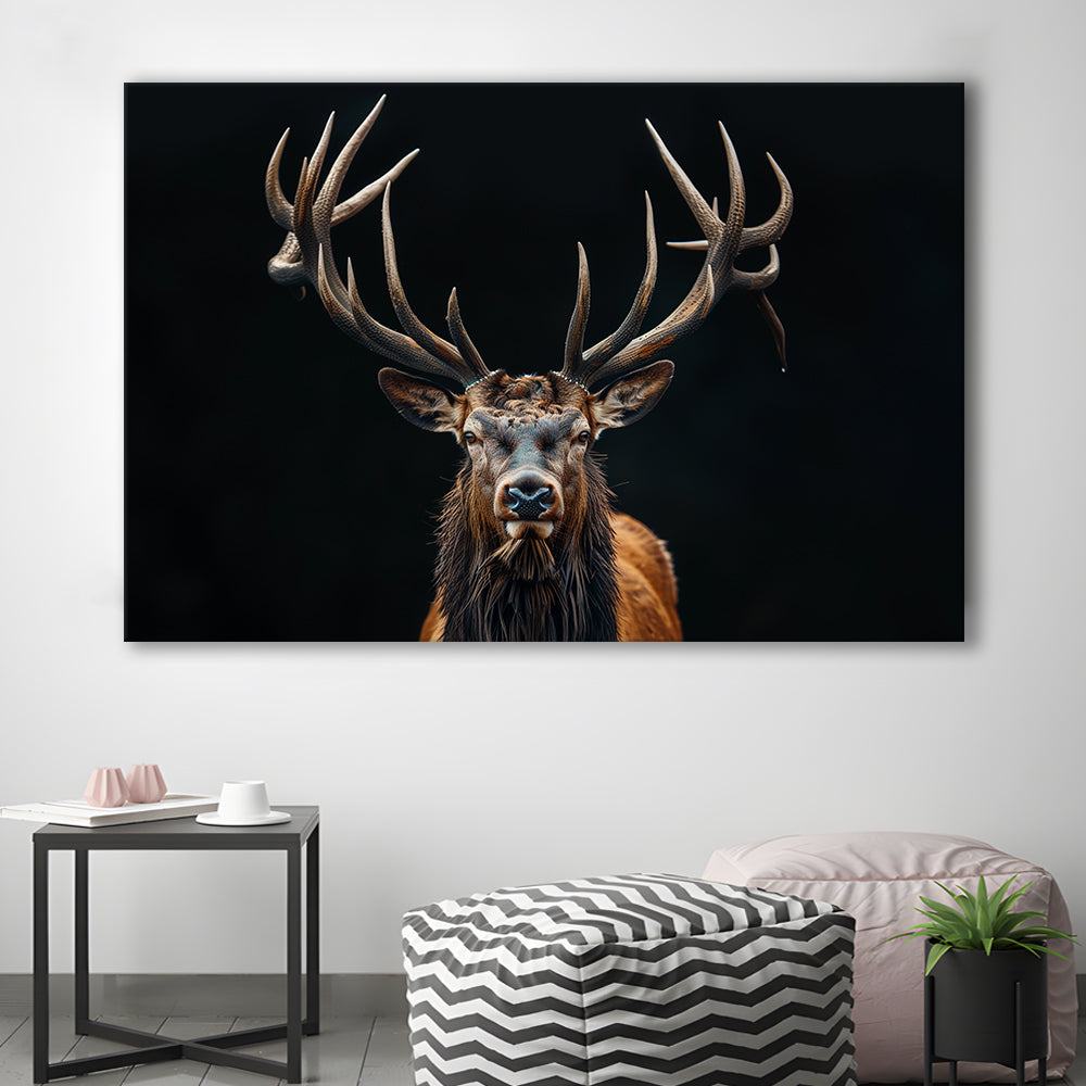 Portrait Elk With Antlers Black Background, Hunting Art Decor V5, Canvas Print Wall Art Home Decor