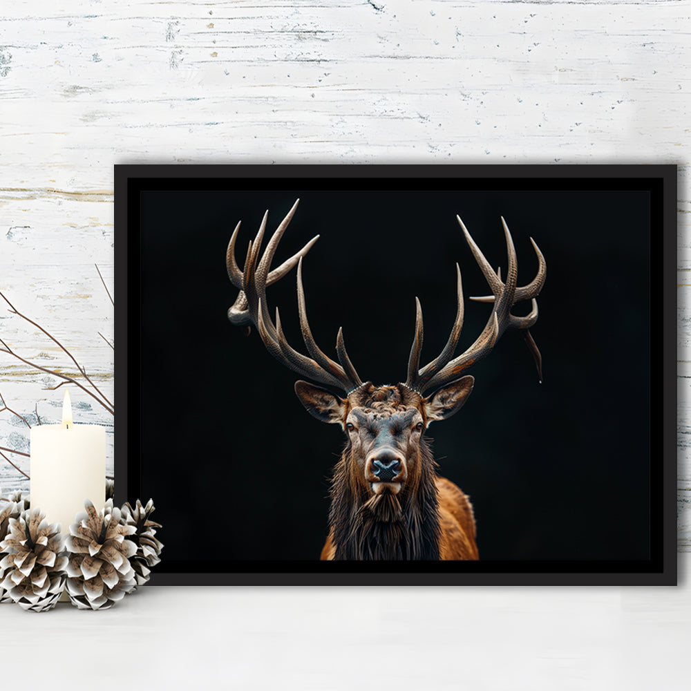 Portrait Elk With Antlers Black Background, Hunting Art Decor V5, Floating Framed Canvas Print Wall Art