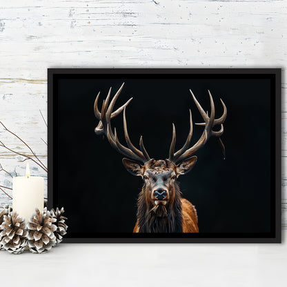 Portrait Elk With Antlers Black Background, Hunting Art Decor V5, Floating Framed Canvas Print Wall Art