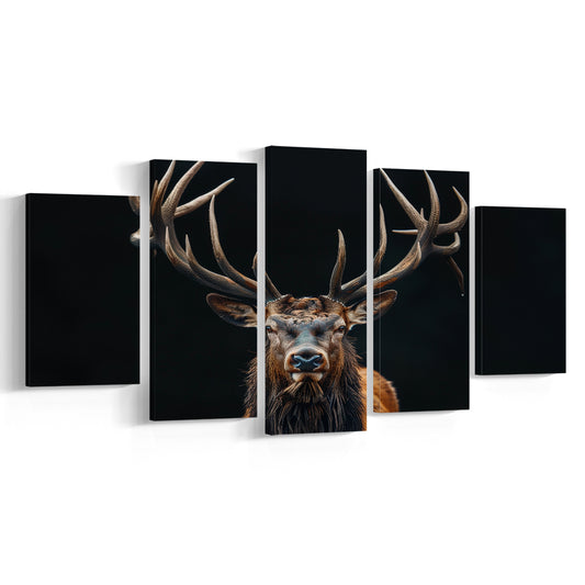 Portrait Elk With Antlers Black Background, Hunting Art Decor V5, Mixed Panels Canvas Print Wall Art