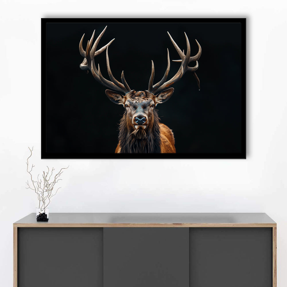 Portrait Elk With Antlers Black Background, Hunting Art Decor V5, Framed Art Print Wall Decor, Framed Picture