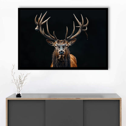 Portrait Elk With Antlers Black Background, Hunting Art Decor V5, Framed Art Print Wall Decor, Framed Picture