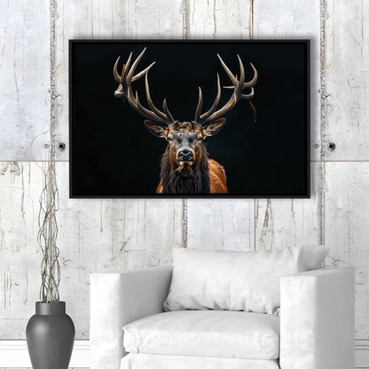 Portrait Elk With Antlers Black Background, Hunting Art Decor V5, Floating Framed Canvas Print Wall Art