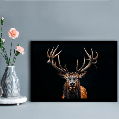 Portrait Elk With Antlers Black Background, Hunting Art Decor V5, Framed Art Print Wall Decor, Framed Picture