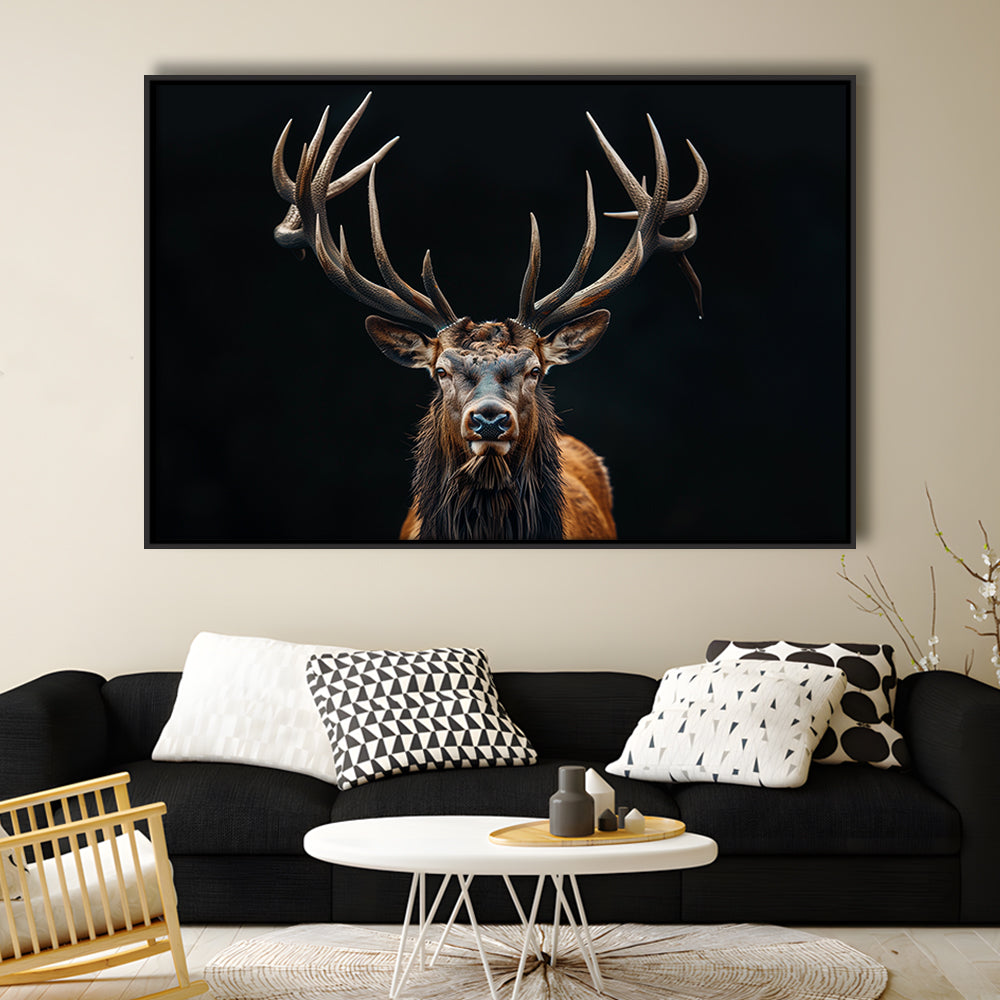 Portrait Elk With Antlers Black Background, Hunting Art Decor V5, Floating Framed Canvas Print Wall Art