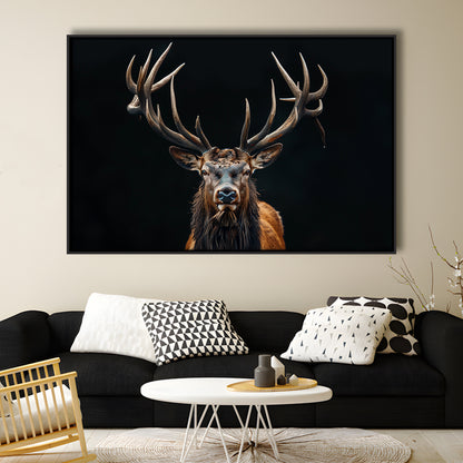 Portrait Elk With Antlers Black Background, Hunting Art Decor V5, Floating Framed Canvas Print Wall Art