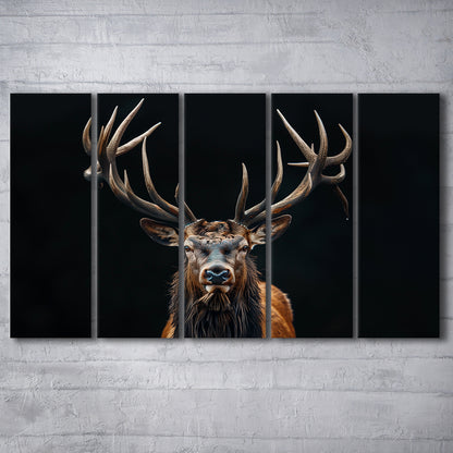 Portrait Elk With Antlers Black Background, Hunting Art V5, Multi Panels Canvas Print Wall Art