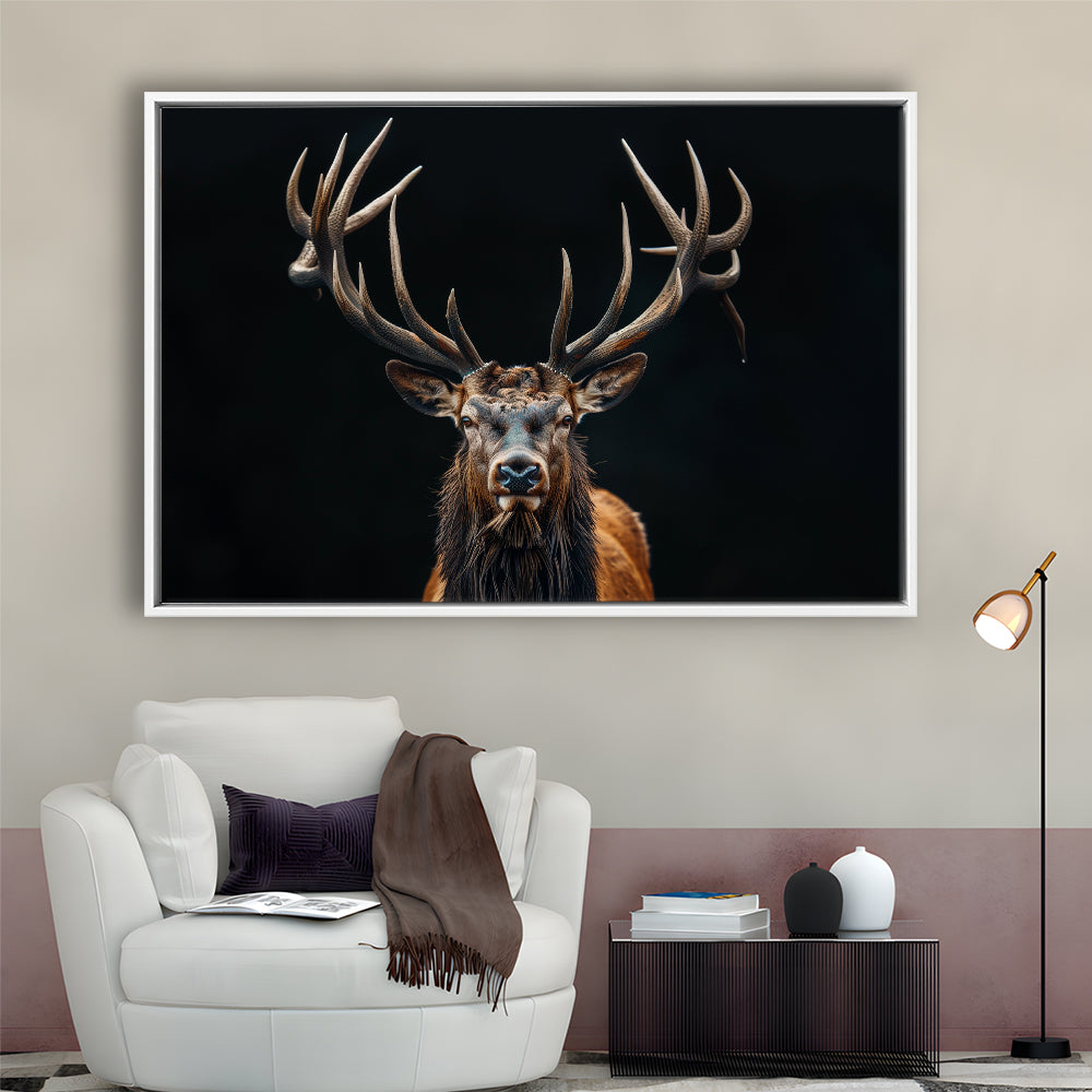Portrait Elk With Antlers Black Background, Hunting Art Decor V5, Floating Framed Canvas Print Wall Art