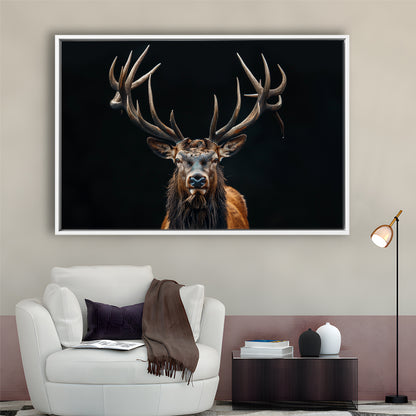 Portrait Elk With Antlers Black Background, Hunting Art Decor V5, Floating Framed Canvas Print Wall Art