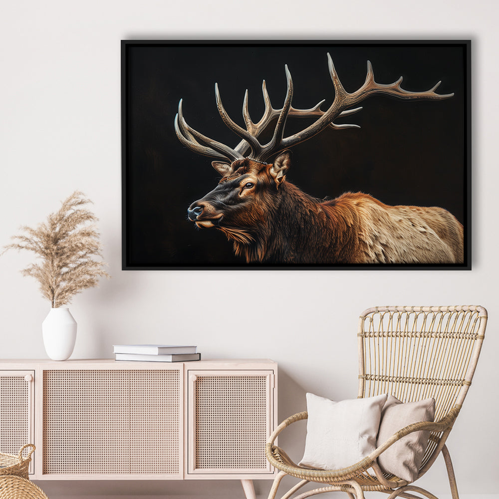 Portrait Elk With Antlers Black Background, Hunting Art Decor, Floating Framed Canvas Print Wall Art