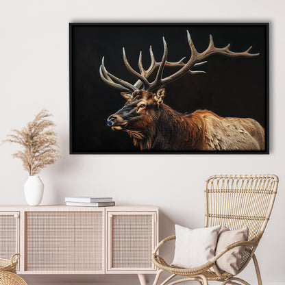 Portrait Elk With Antlers Black Background, Hunting Art Decor, Floating Framed Canvas Print Wall Art