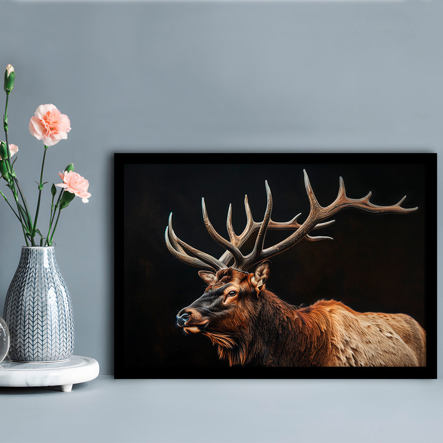 Portrait Elk With Antlers Black Background, Hunting Art Decor, Framed Art Print Wall Decor, Framed Picture