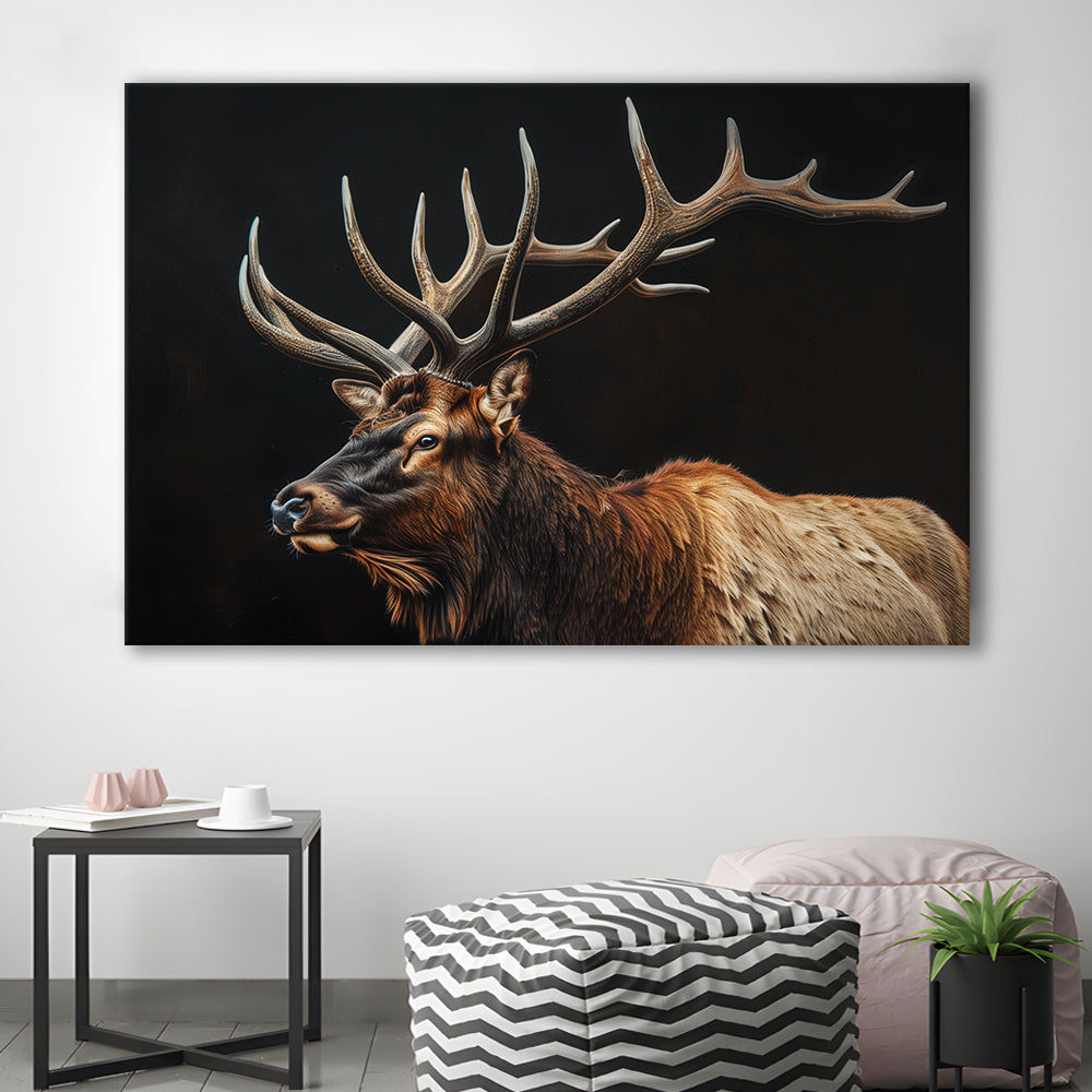 Portrait Elk With Antlers Black Background, Hunting Art Decor, Canvas Print Wall Art Home Decor