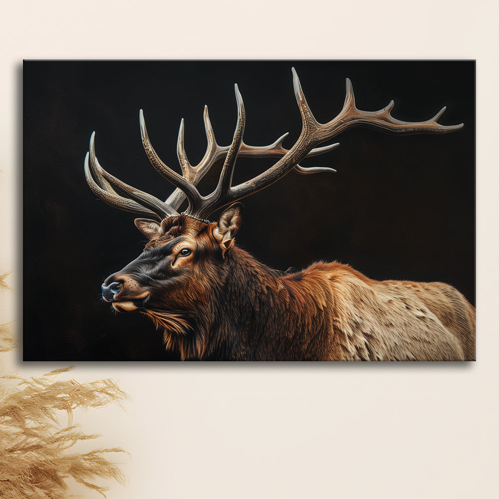 Portrait Elk With Antlers Black Background, Hunting Art Decor, Canvas Print Wall Art Home Decor