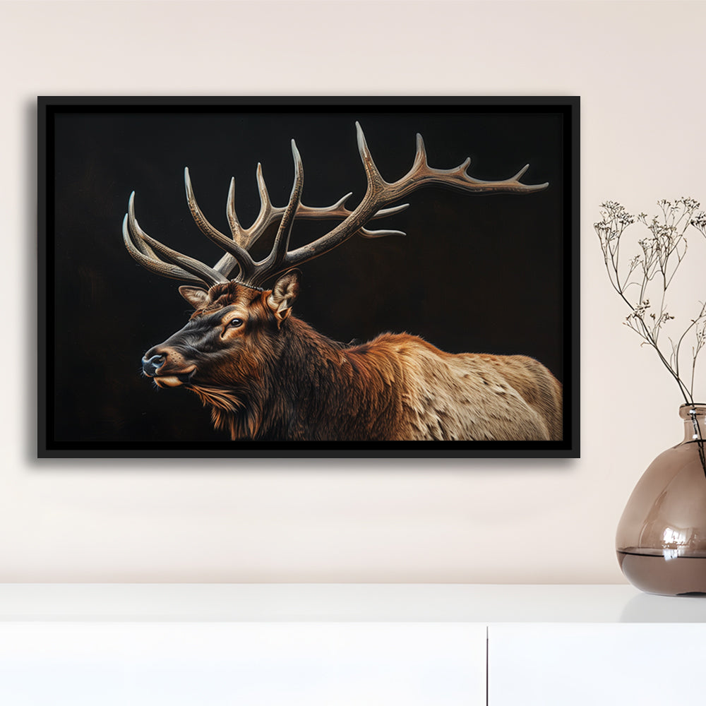 Portrait Elk With Antlers Black Background, Hunting Art Decor, Floating Framed Canvas Print Wall Art