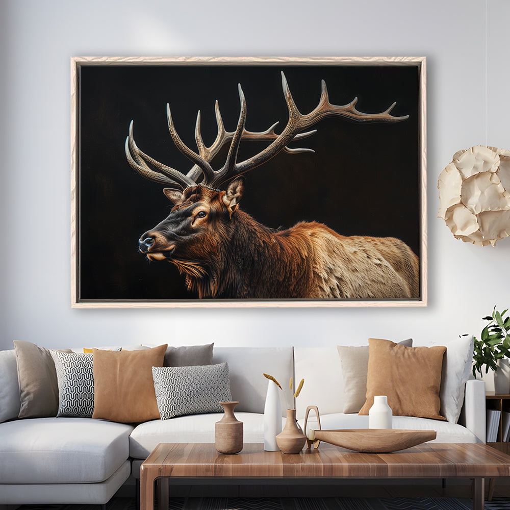 Portrait Elk With Antlers Black Background, Hunting Art Decor, Floating Framed Canvas Print Wall Art