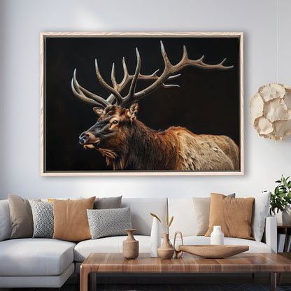 Portrait Elk With Antlers Black Background, Hunting Art Decor, Floating Framed Canvas Print Wall Art