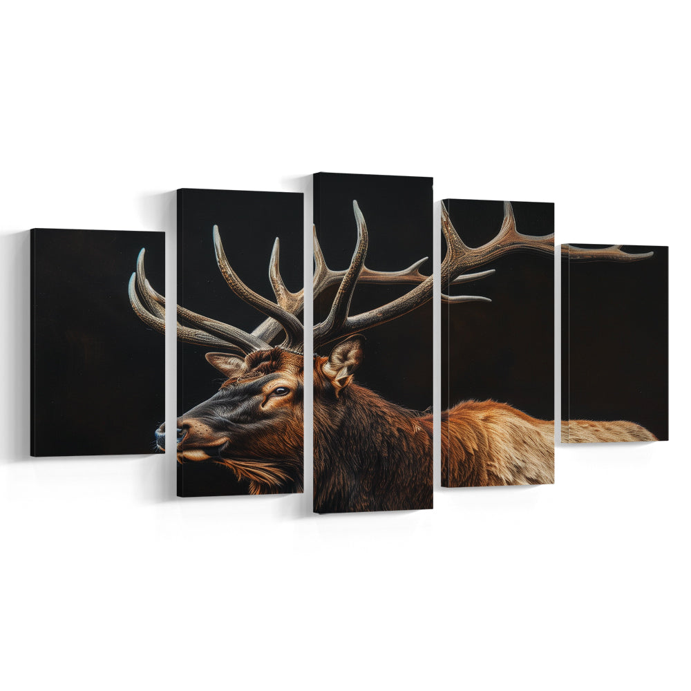 Portrait Elk With Antlers Black Background, Hunting Art Decor, Mixed Panels Canvas Print Wall Art