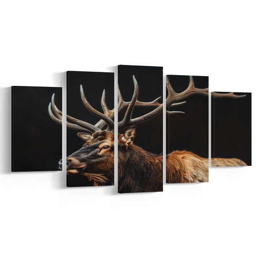Portrait Elk With Antlers Black Background, Hunting Art Decor, Mixed Panels Canvas Print Wall Art