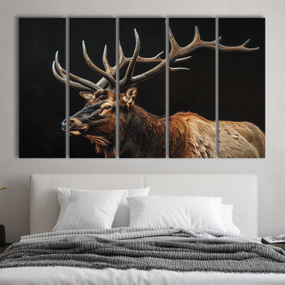 Portrait Elk With Antlers Black Background, Hunting Art, Multi Panels Canvas Print Wall Art