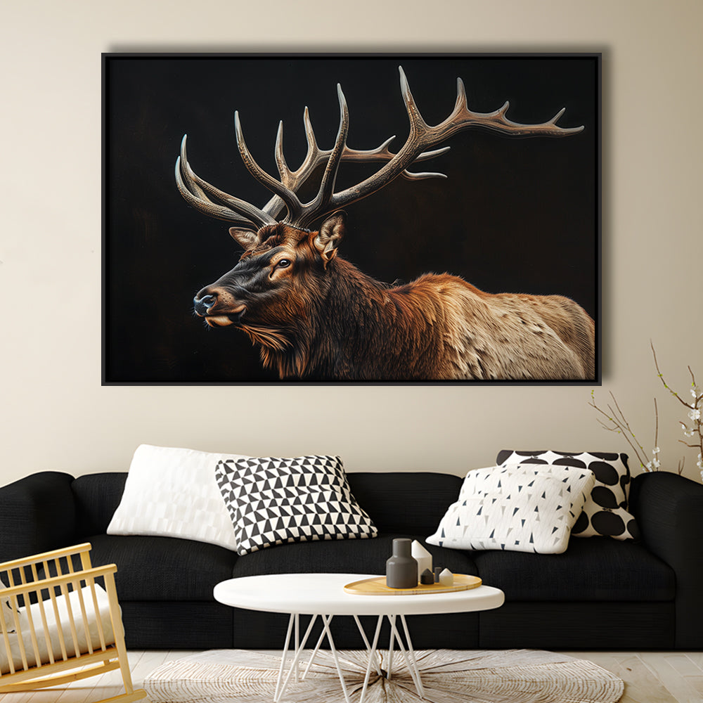 Portrait Elk With Antlers Black Background, Hunting Art Decor, Floating Framed Canvas Print Wall Art