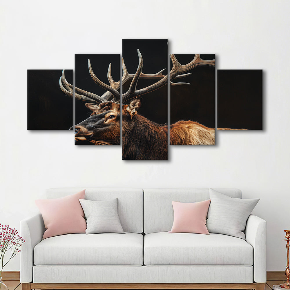Portrait Elk With Antlers Black Background, Hunting Art Decor, Mixed Panels Canvas Print Wall Art