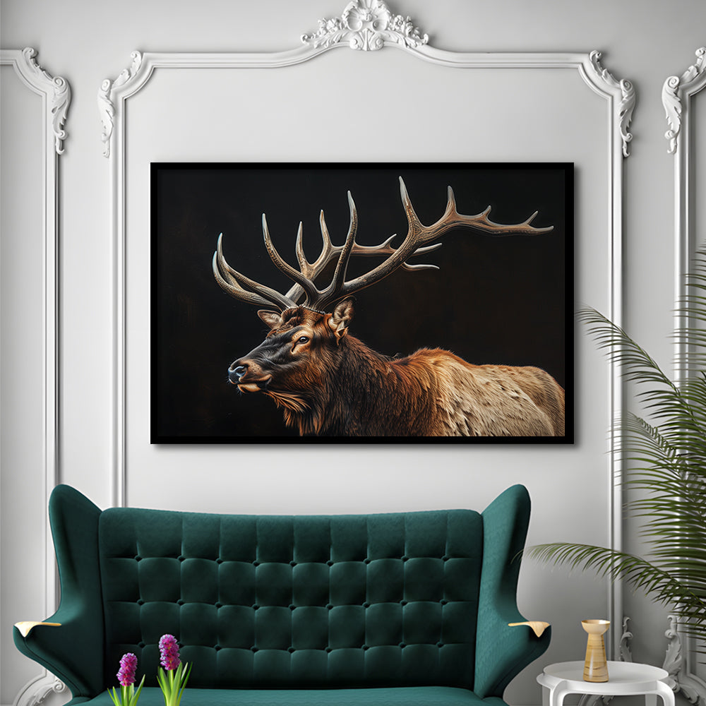 Portrait Elk With Antlers Black Background, Hunting Art Decor, Framed Art Print Wall Decor, Framed Picture