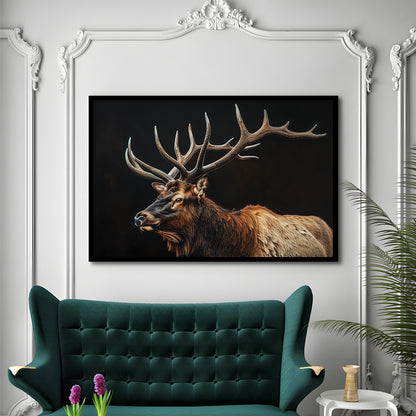 Portrait Elk With Antlers Black Background, Hunting Art Decor, Framed Art Print Wall Decor, Framed Picture